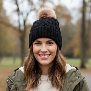 2/$30 Black Cable-Knit Beanie Hat with Pom-Pom Autumn Winter Women